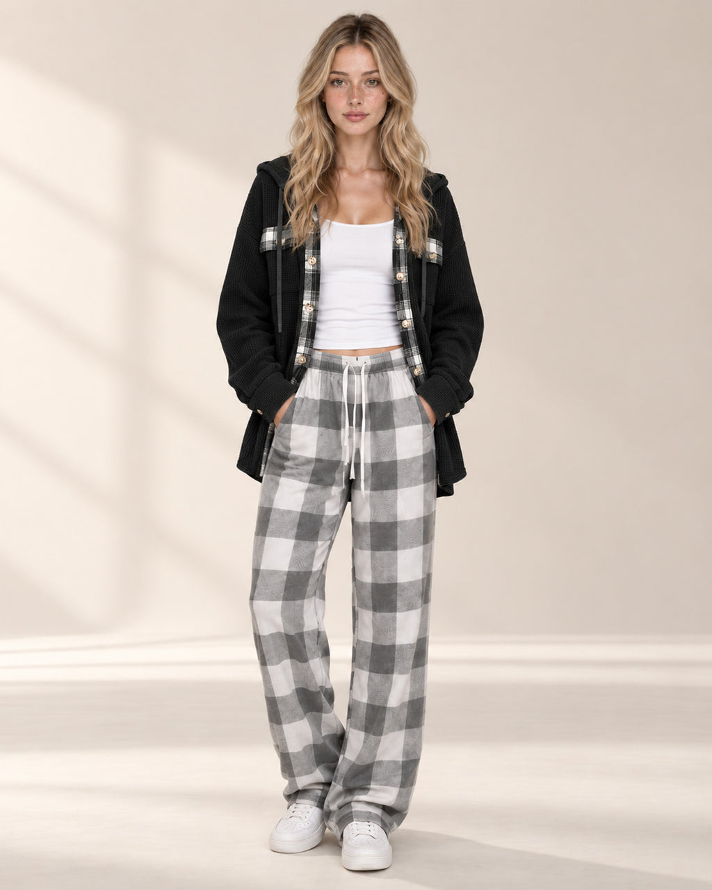 Waffle Knit Plaid Patchwork Drawstring Hooded Shacket