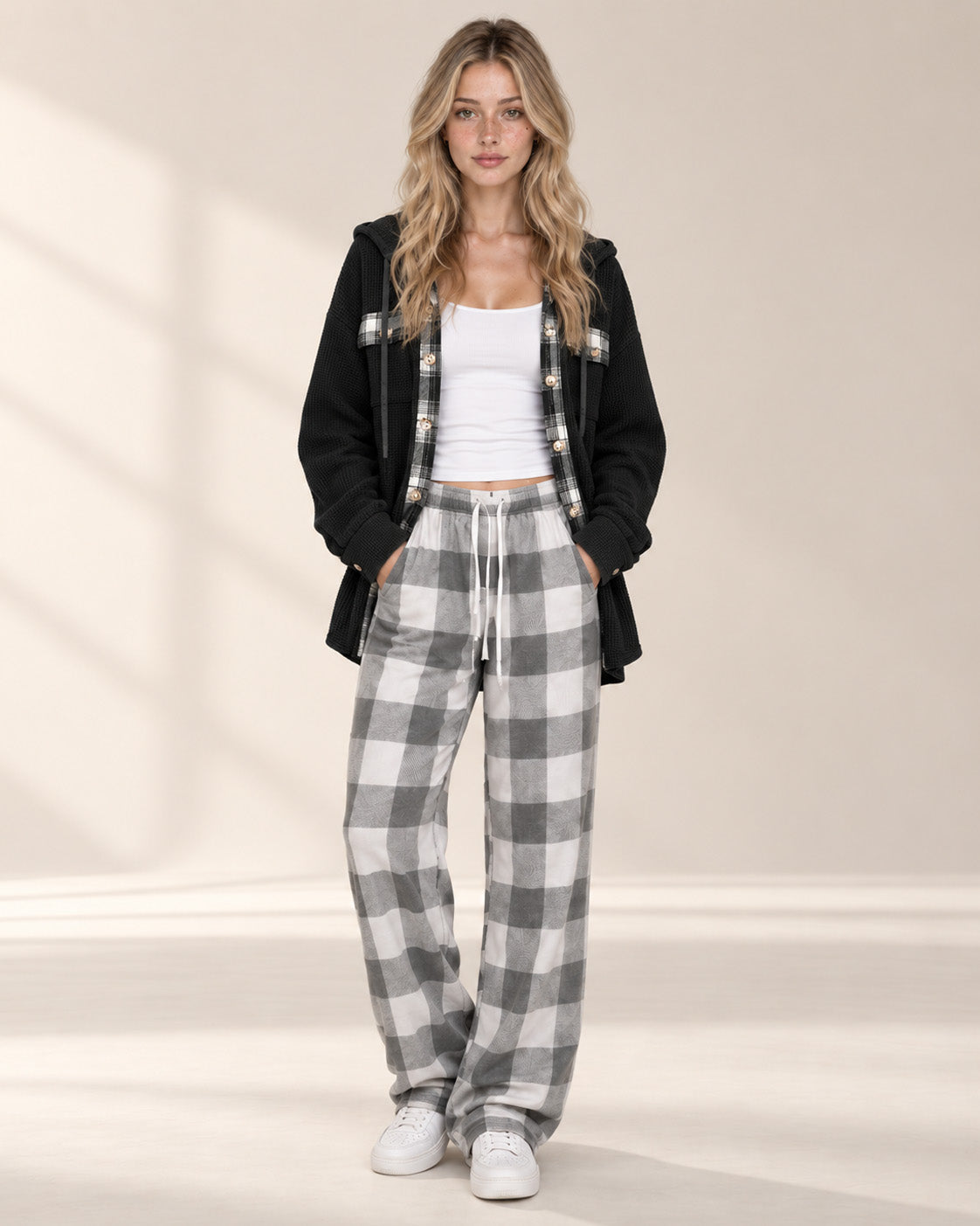 Waffle Knit Plaid Patchwork Drawstring Hooded Shacket