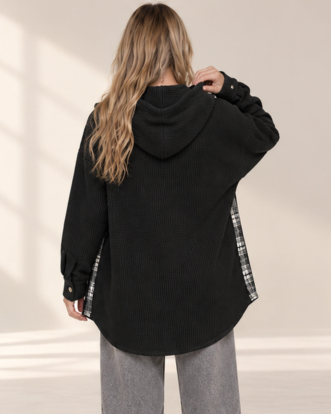 Waffle Knit Plaid Patchwork Drawstring Hooded Shacket