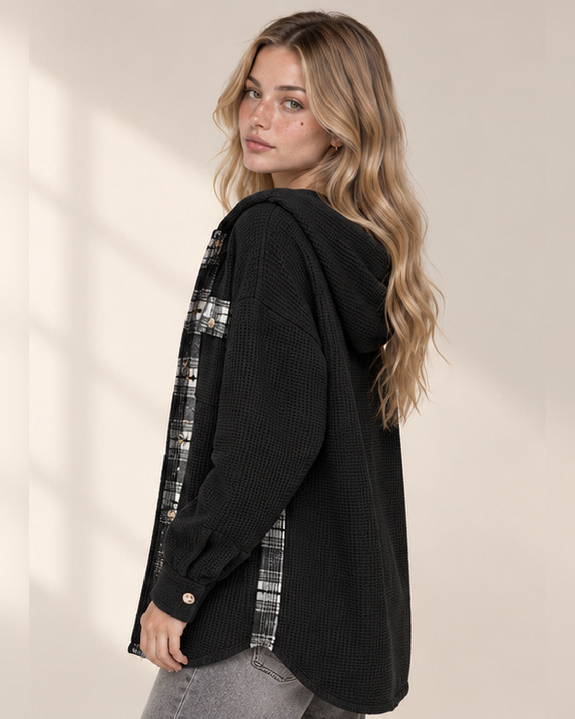 Waffle Knit Plaid Patchwork Drawstring Hooded Shacket