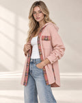 Waffle Knit Plaid Patchwork Drawstring Hooded Shacket