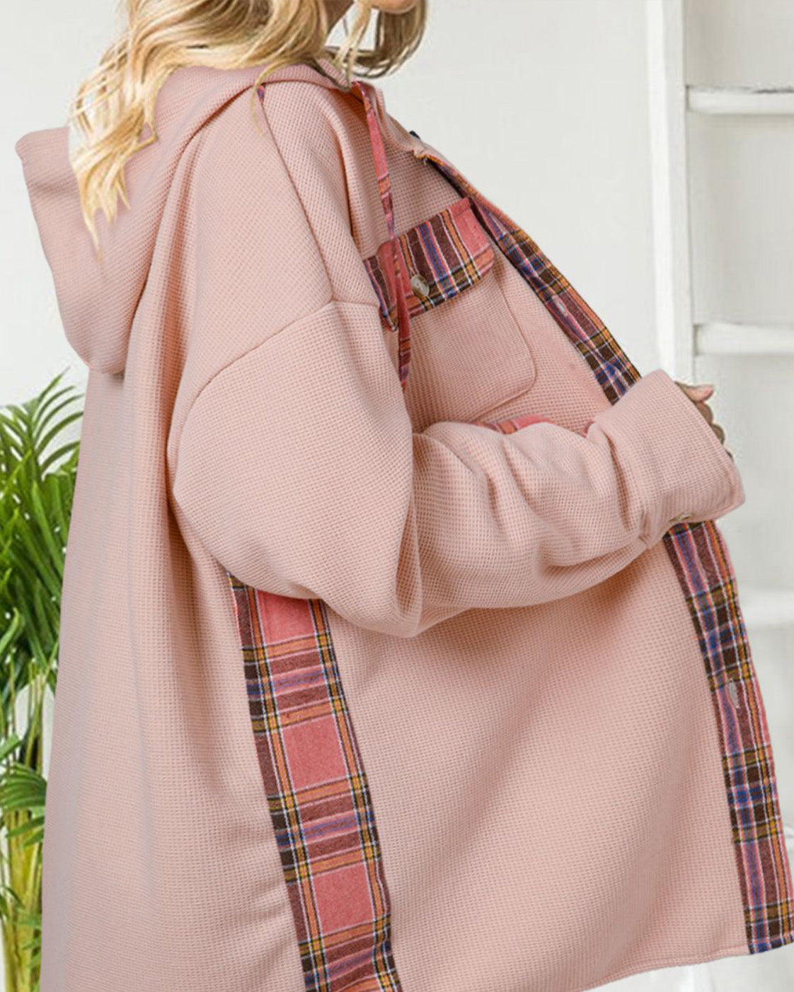 Waffle Knit Plaid Patchwork Drawstring Hooded Shacket