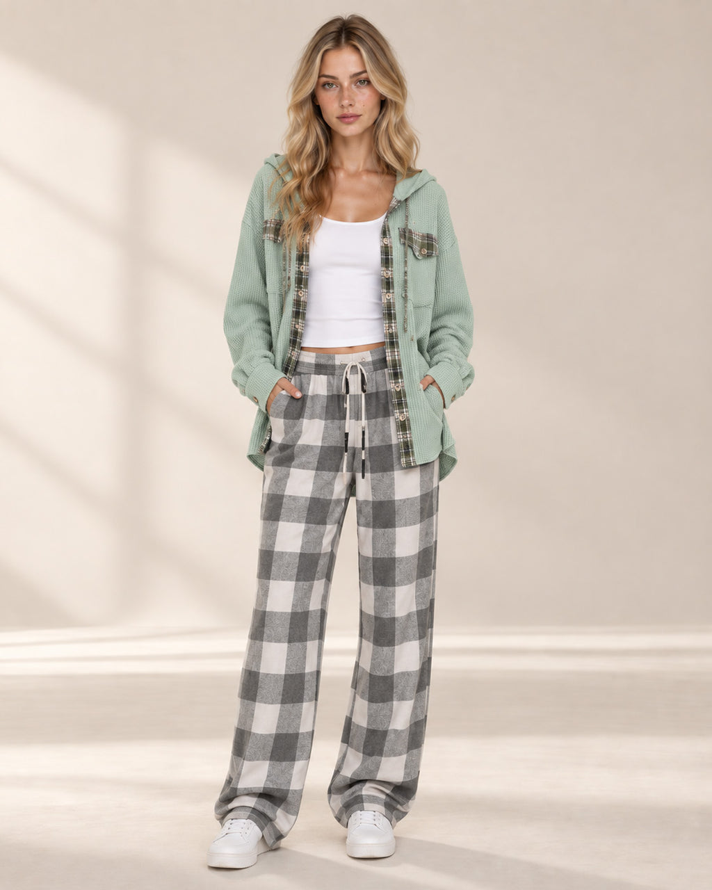 Waffle Knit Plaid Patchwork Drawstring Hooded Shacket