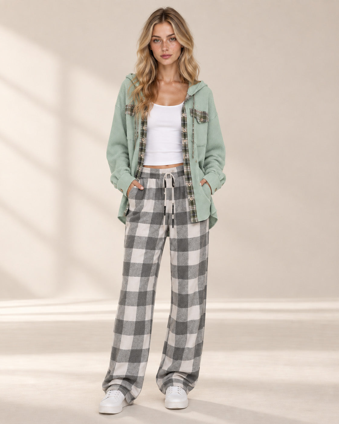 Waffle Knit Plaid Patchwork Drawstring Hooded Shacket