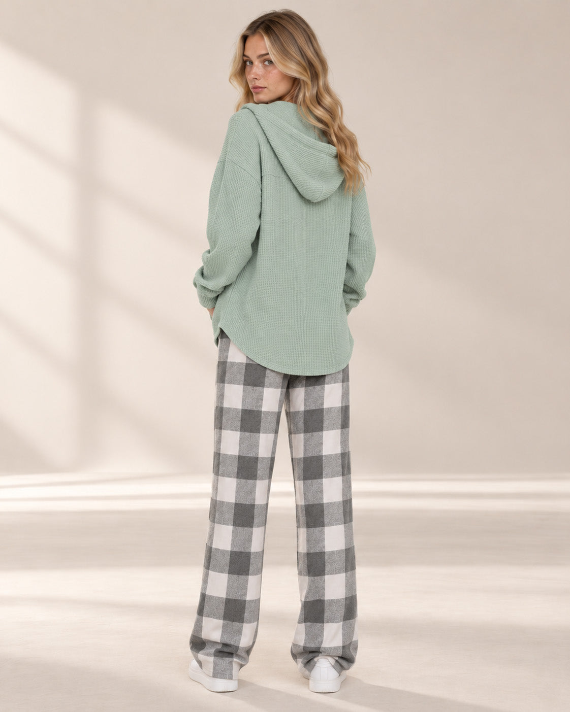 Waffle Knit Plaid Patchwork Drawstring Hooded Shacket