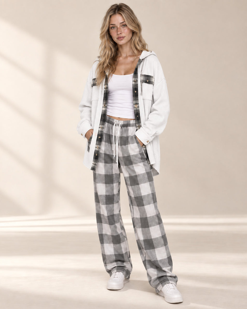 Waffle Knit Plaid Patchwork Drawstring Hooded Shacket