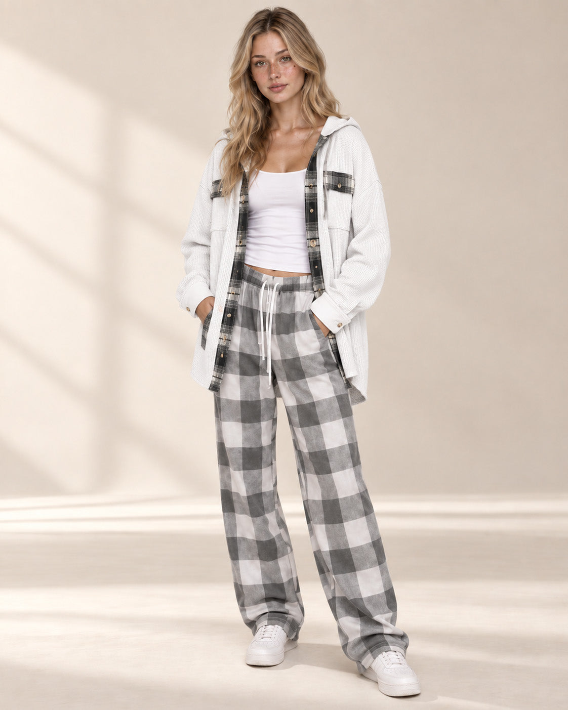 Waffle Knit Plaid Patchwork Drawstring Hooded Shacket