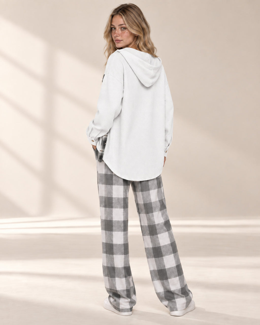 Waffle Knit Plaid Patchwork Drawstring Hooded Shacket