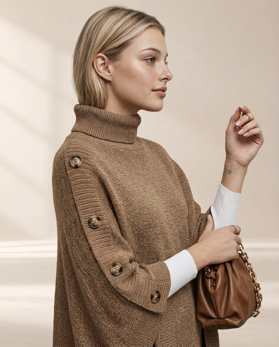 Button-Decor Turtleneck Poncho Pullover