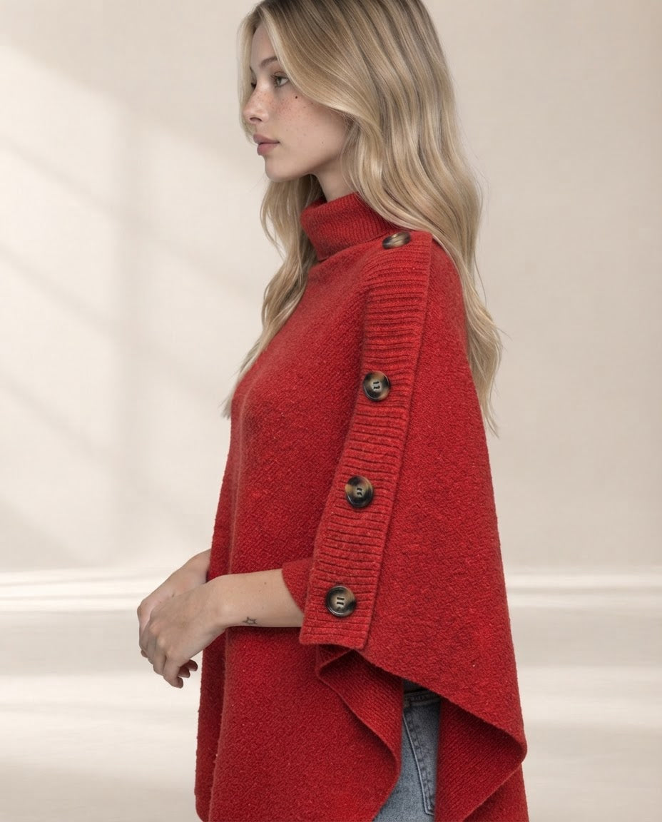Button-Decor Turtleneck Poncho Pullover