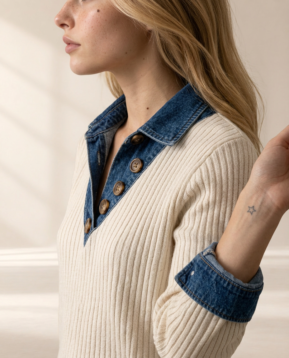 Maren Denim-Collar Ribbed Knit