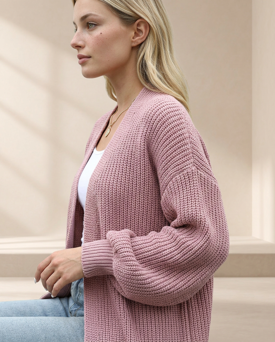 Chunky Knit Open Front Cardigan with Lantern Sleeves