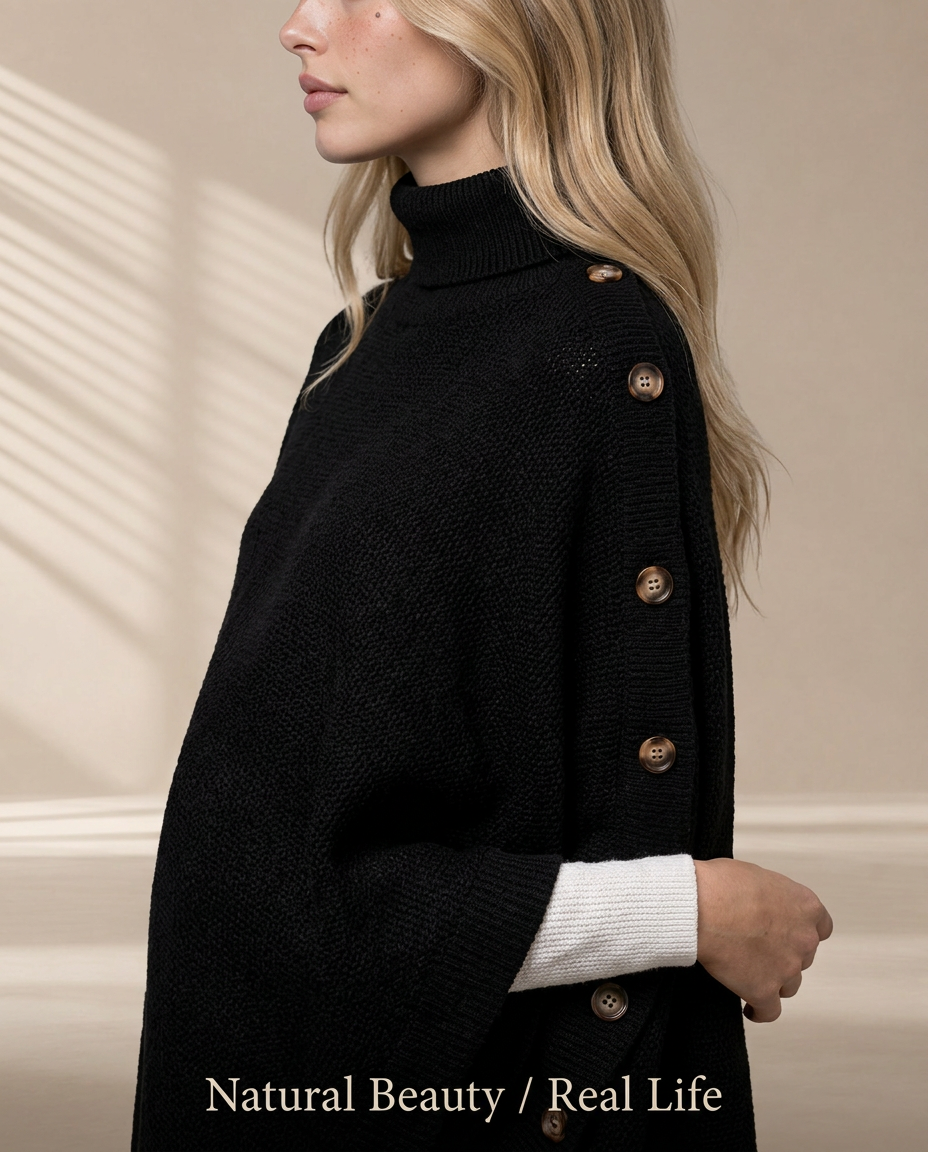 Button-Decor Turtleneck Poncho Pullover