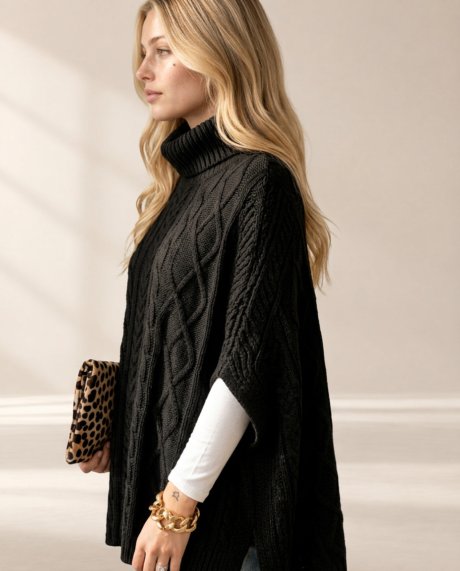 Noelle Cable-Knit Turtleneck Poncho