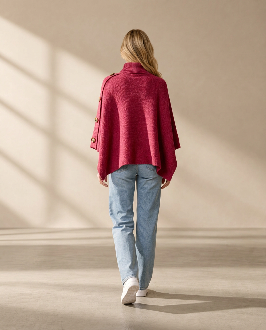 Button-Decor Turtleneck Poncho Pullover