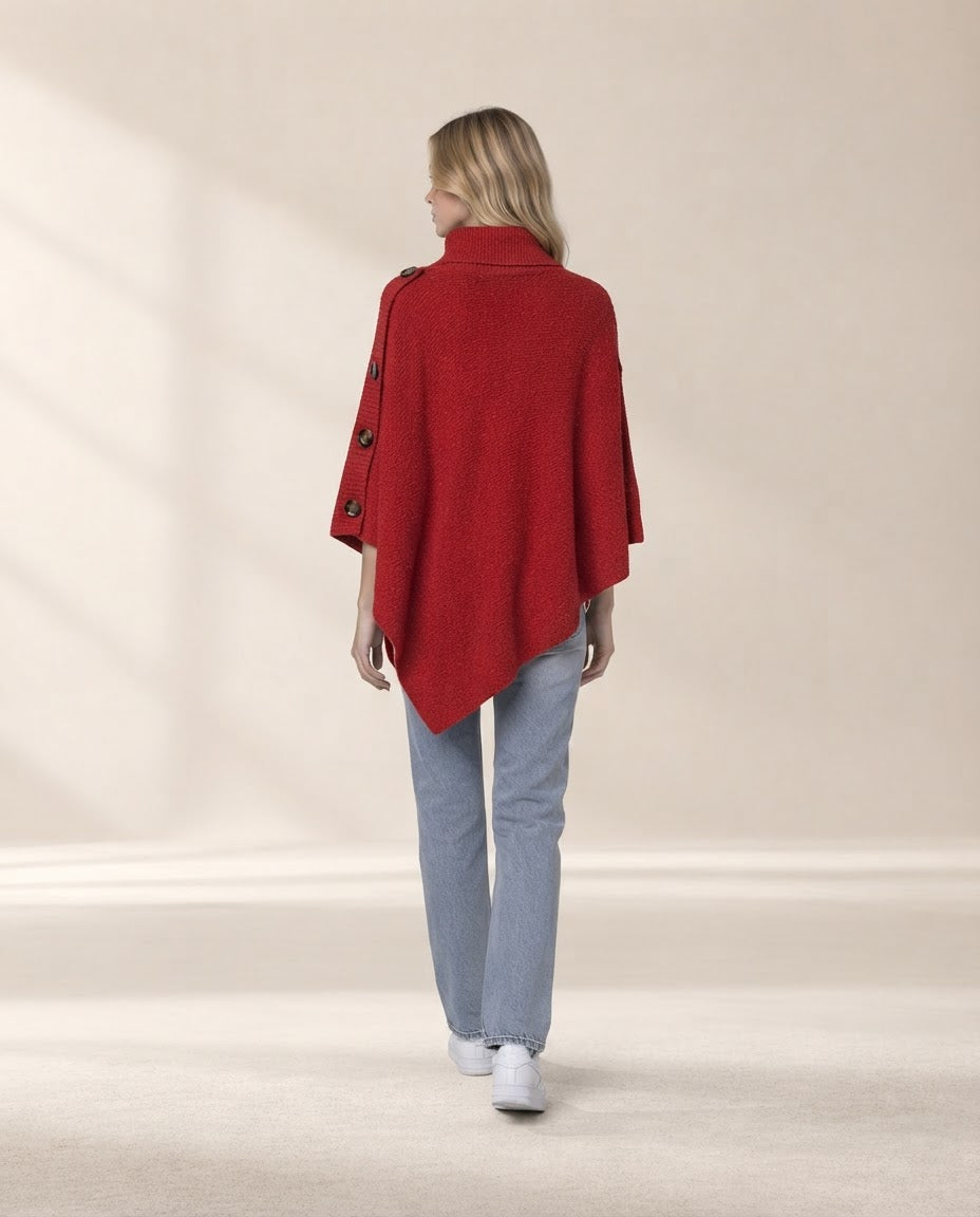 Button-Decor Turtleneck Poncho Pullover