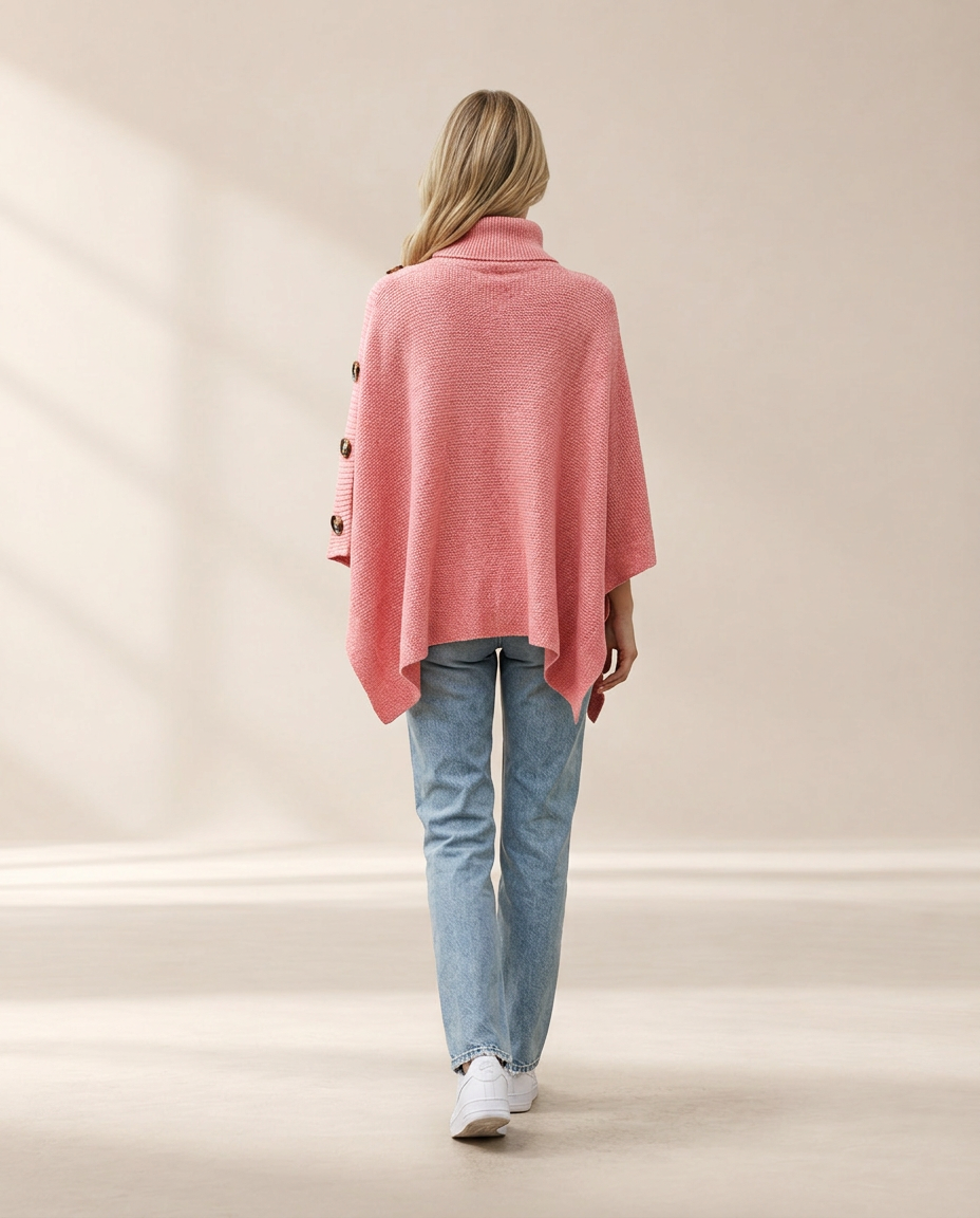 Button-Decor Turtleneck Poncho Pullover