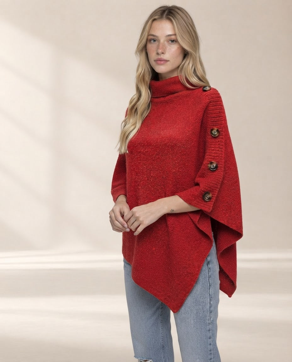 Button-Decor Turtleneck Poncho Pullover