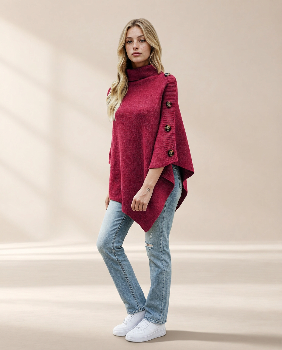 Button-Decor Turtleneck Poncho Pullover