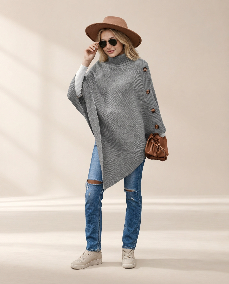 Button-Decor Turtleneck Poncho Pullover