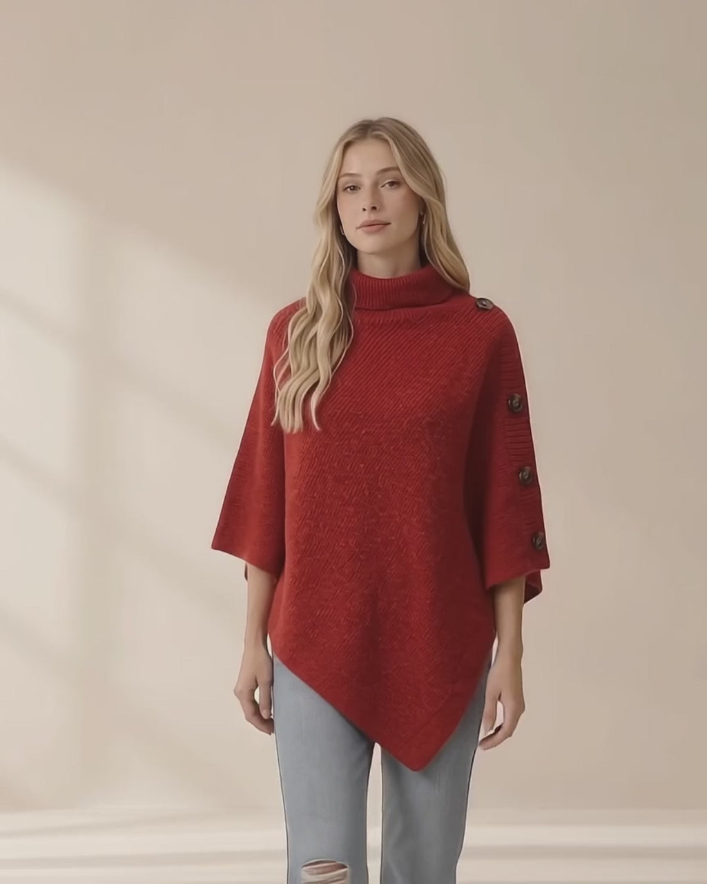 Button-Decor Turtleneck Poncho Pullover