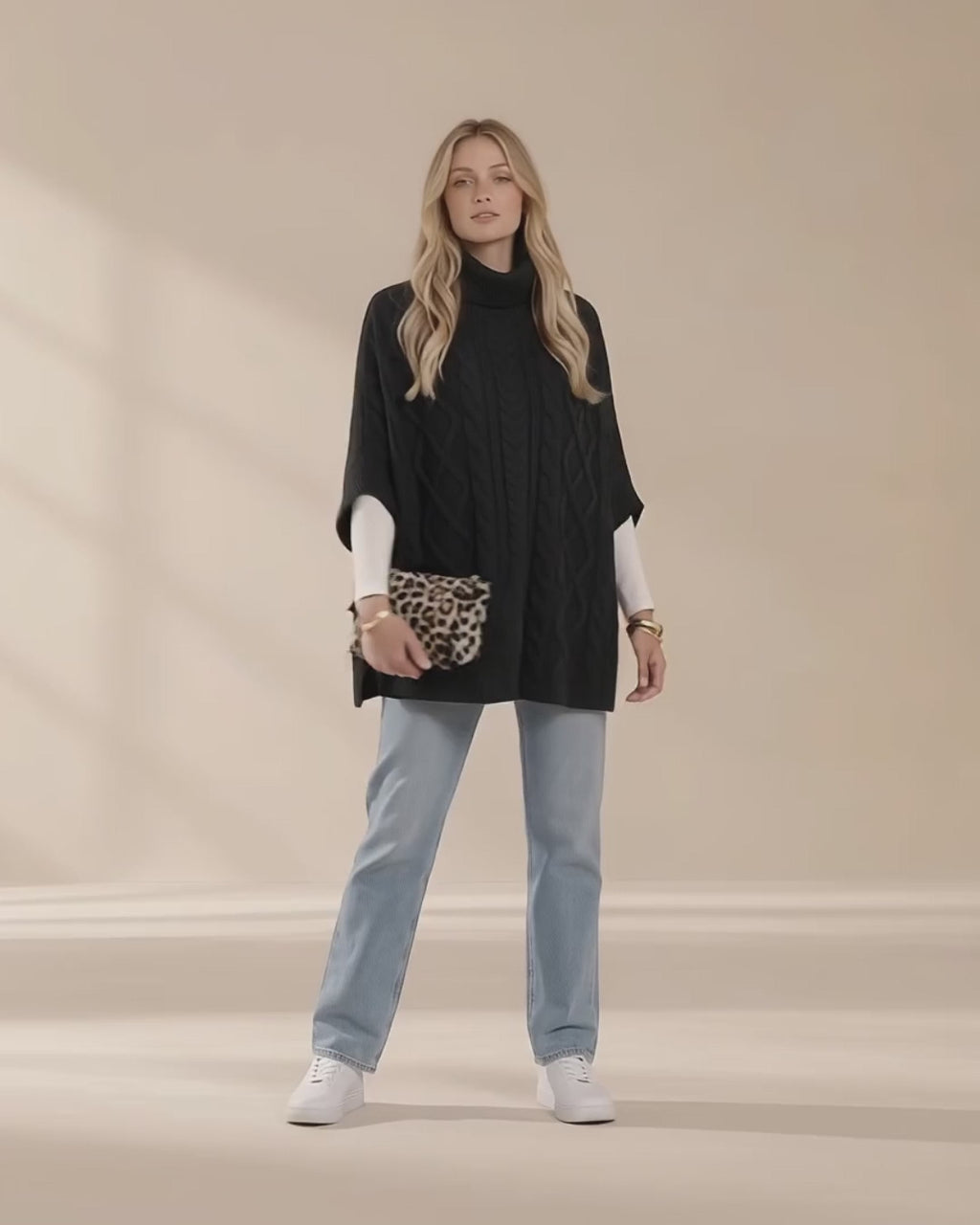 Noelle Cable-Knit Turtleneck Poncho