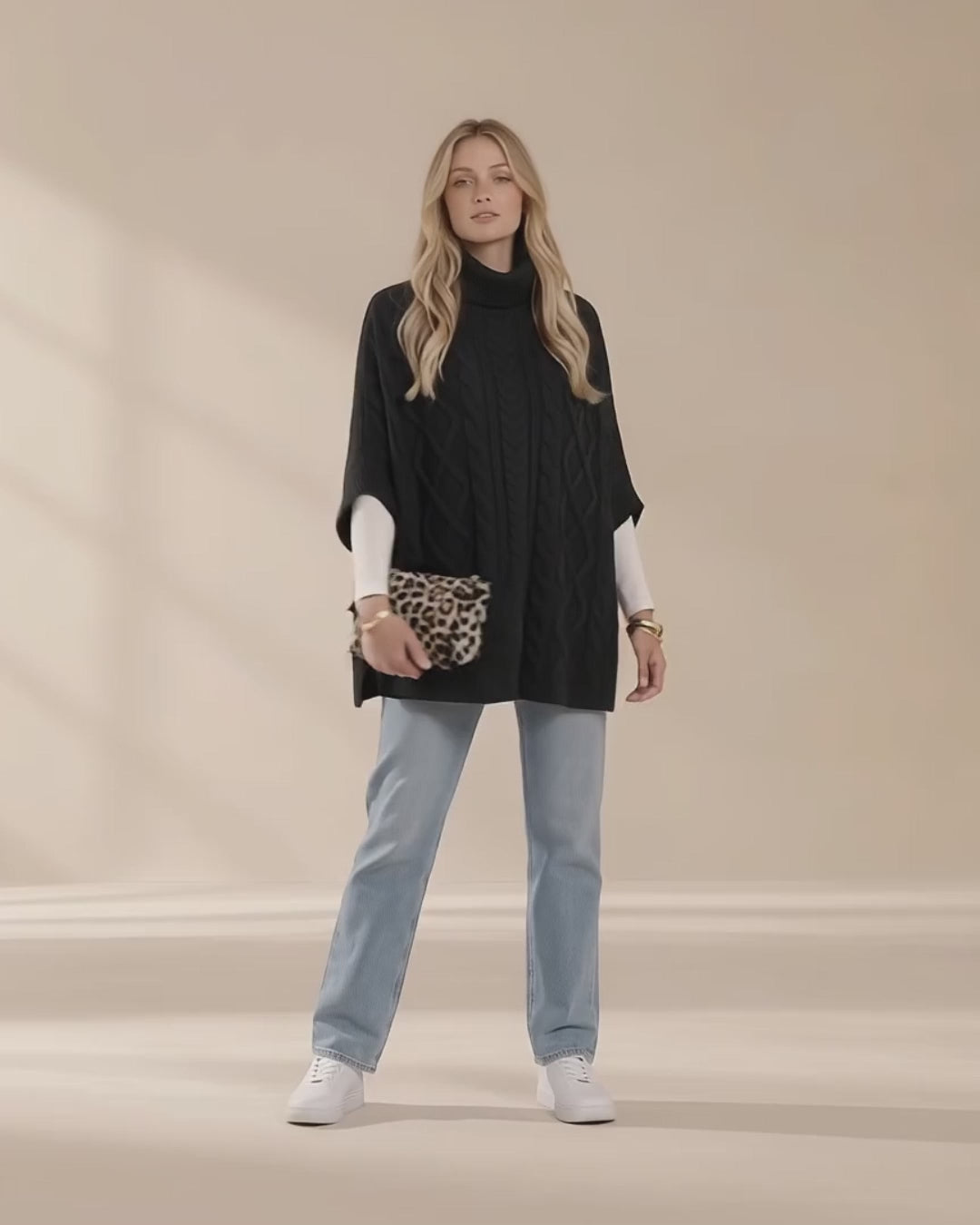 Noelle Cable-Knit Turtleneck Poncho