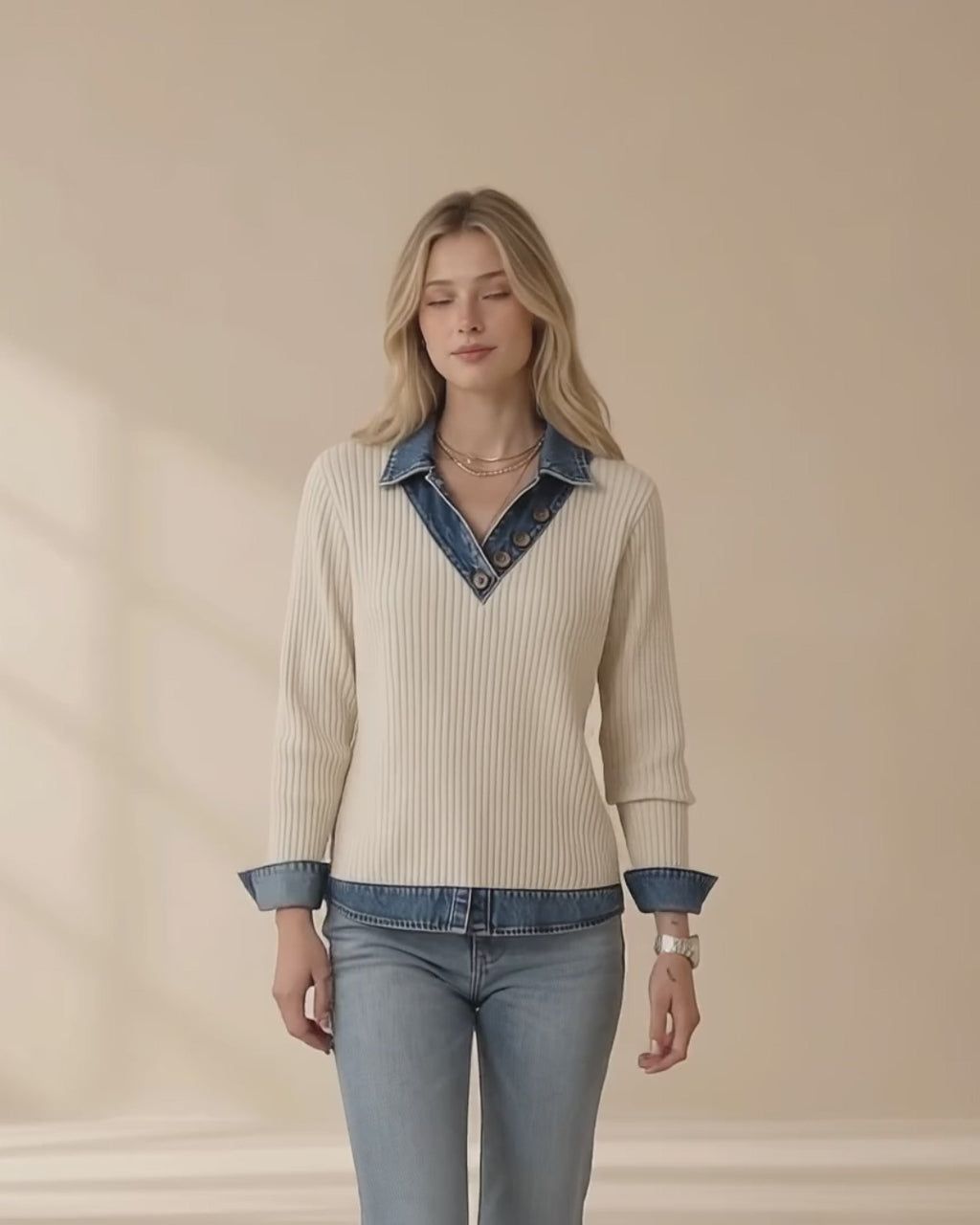 Maren Denim-Collar Ribbed Knit