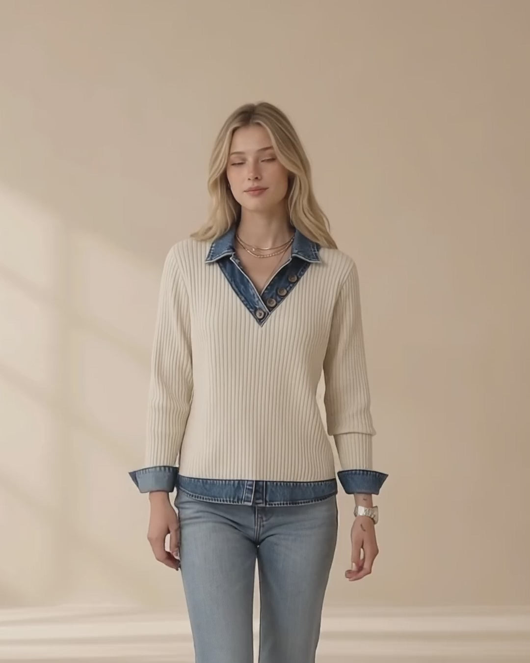 Maren Denim-Collar Ribbed Knit