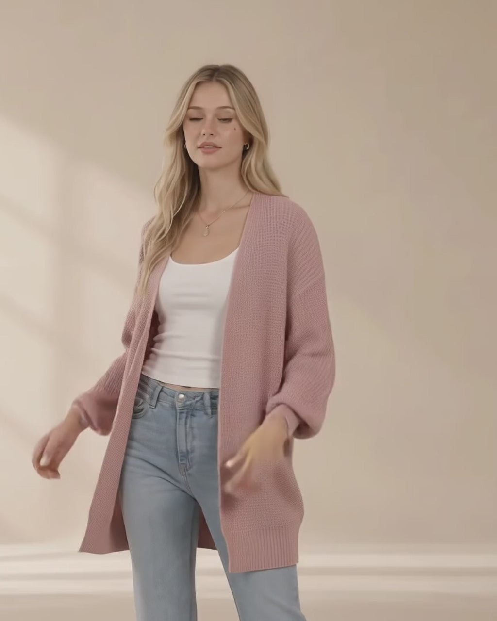 Chunky Knit Open Front Cardigan with Lantern Sleeves