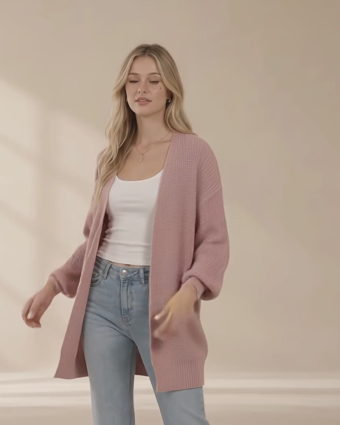 Chunky Knit Open Front Cardigan with Lantern Sleeves