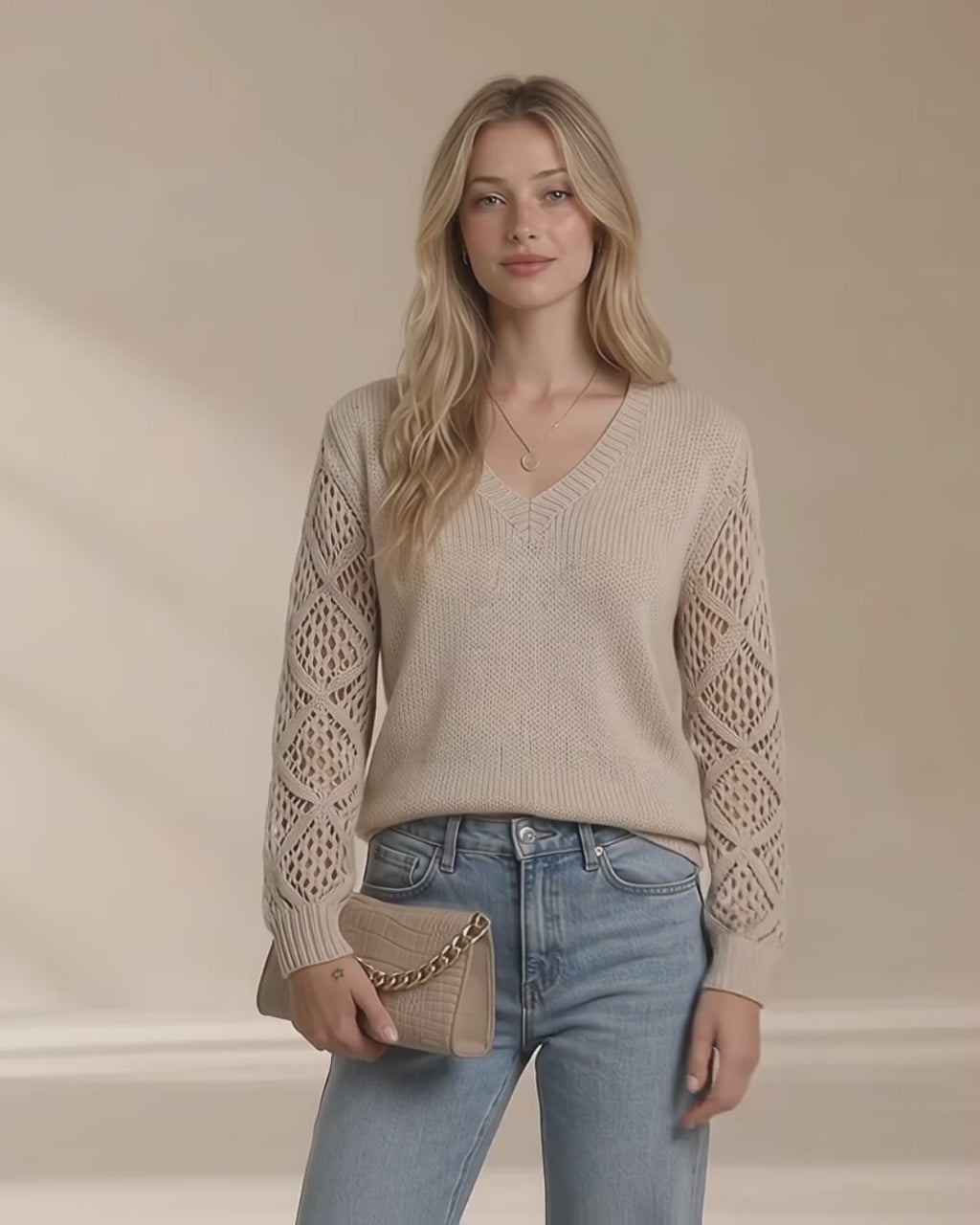 V-Neck Hollow-Out Sleeve Knit Sweater